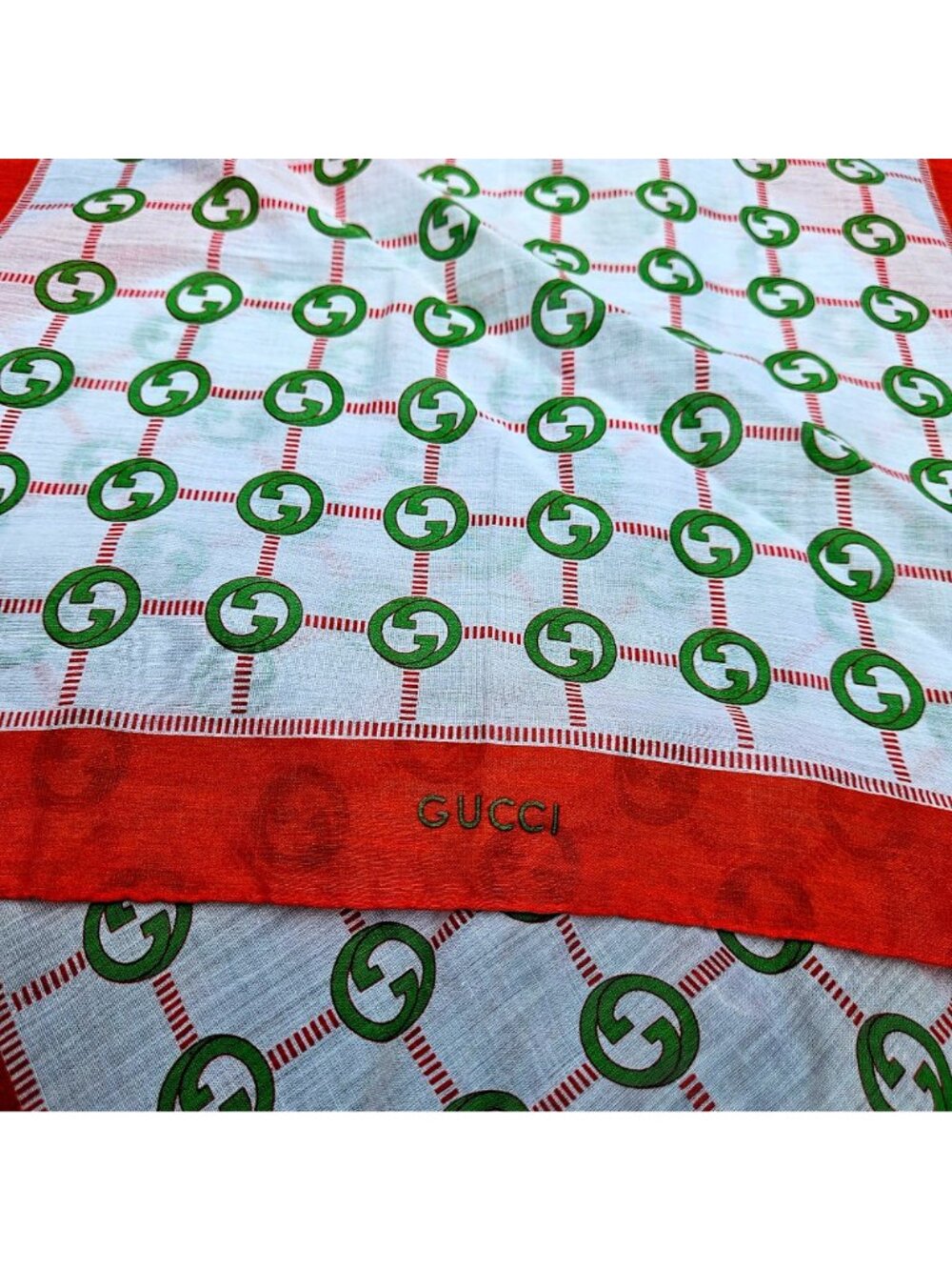 Vintage Gucci GG Logo Cotton Scarf Handkerchief Set 2 Orange Green White Italy - Picture 4 of 11